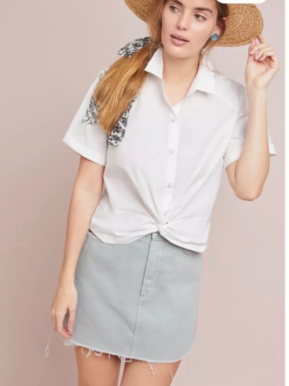 Anthropologie Maeve White Cotton Poplin Cropped Twist Front Blouse NWOT SZ M